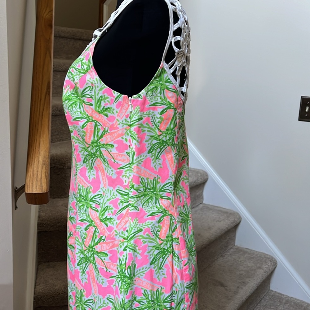 Lilly Pulitzer Pink and Green Palm-Print Sleeveless Shift Dress - Picture 3 of 8